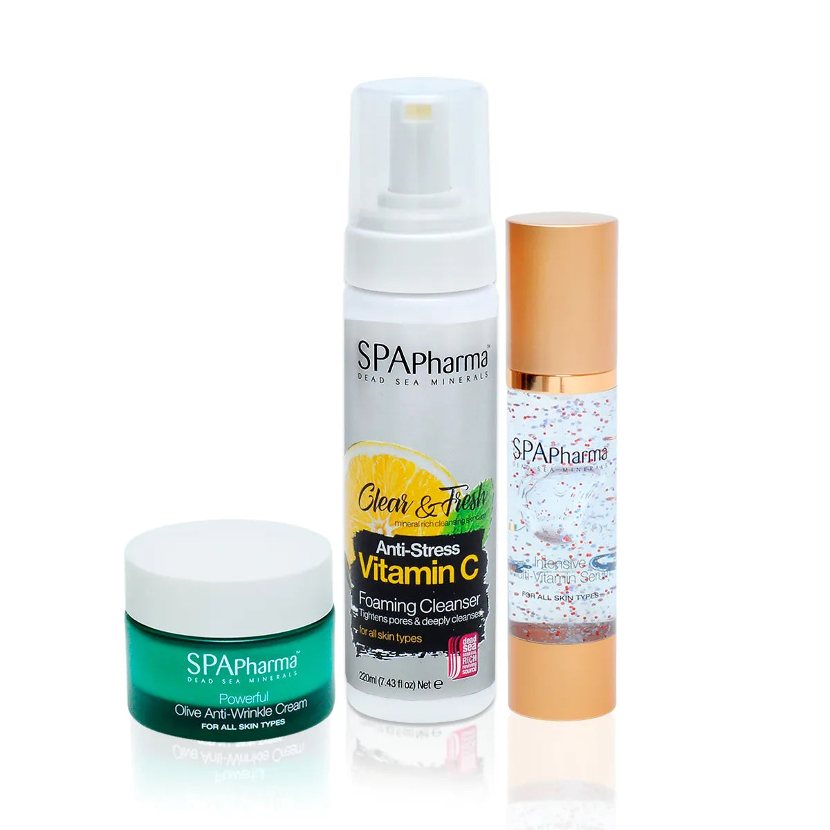Kit Espuma de Limpeza com Vitamina C + Creme Anti- Rugas Oliva com Ácido Hialurônico + Sérum Multivitaminas