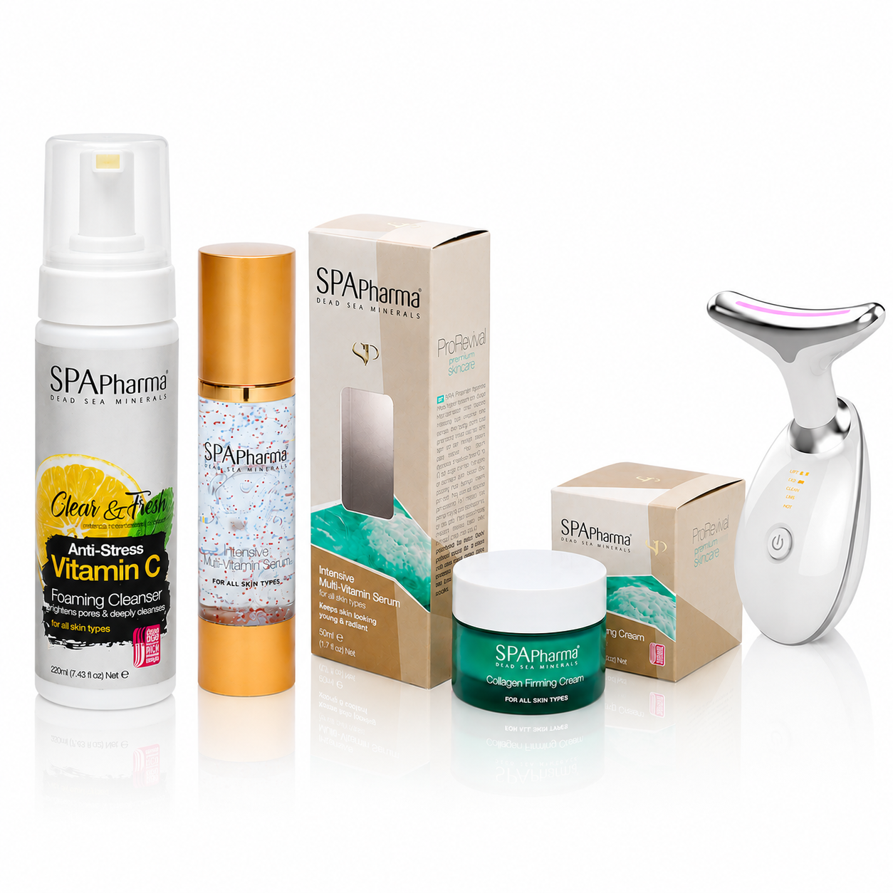Kit Skincare Tratamento e Prevenção 3 produtos: Espuma de Limpeza com Vitamina C + Sérum Multivitaminas + Creme de Colágeno + Brinde Aparelho Rejuvenescedor LED