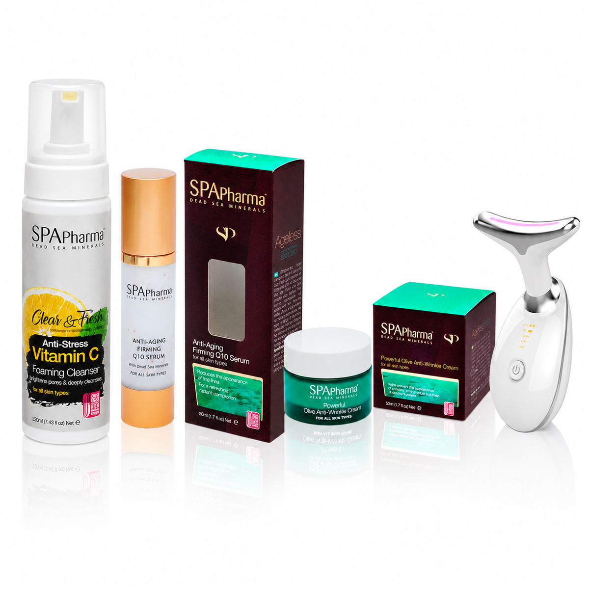 Kit Skincare Firmador e Rejuvenescedor:  Espuma de Limpeza com Vitamina C+ Sérum Firmador Q10 +Creme Anti idade de Oliva + Brinde Aparelho Rejuvenescedor LED