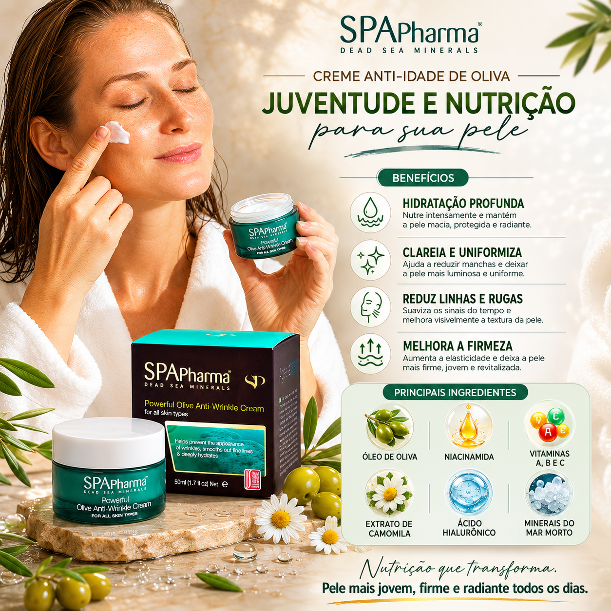 Poderoso Creme Antirrugas Oliva com Ácido Hialurônico SPA Pharma- 50ml