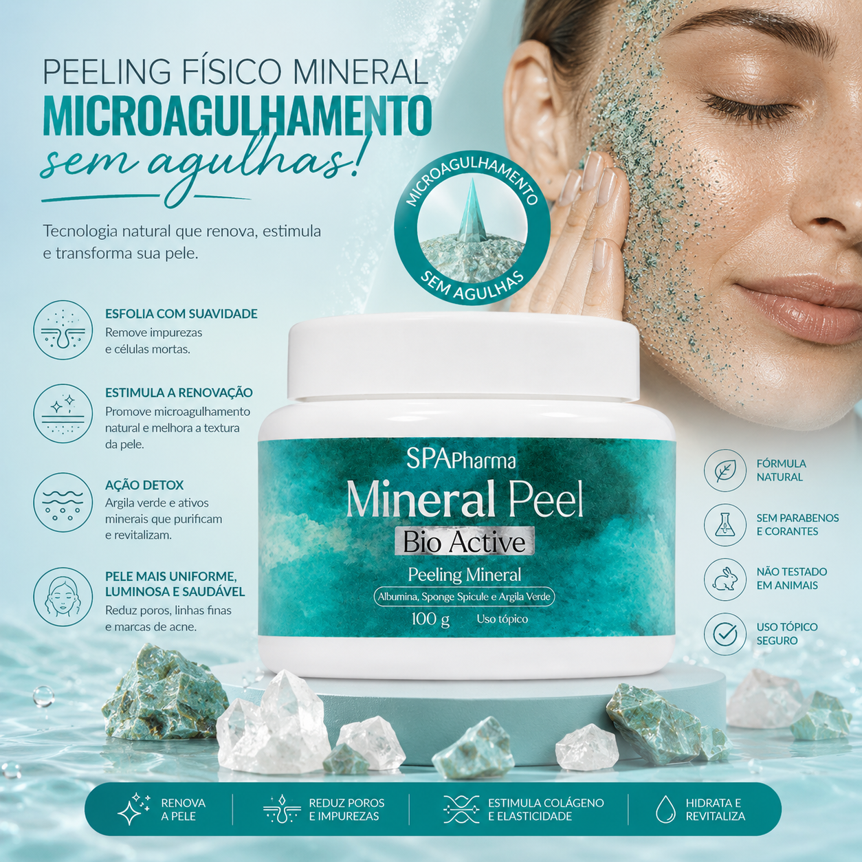 Mineral Peel - Peeling Fisico Biológico Mineral - Argila Verde + Albumina + Sponge Spicule - 100mg